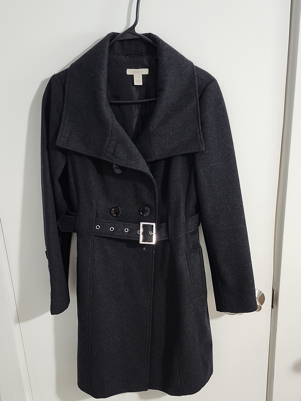 dressbarn Black Double-Breasted Belted Wool Trench Coat